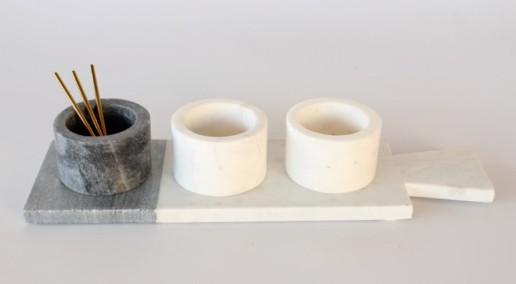 Grey & White Marble With 3 Pinch Pots & Spoons